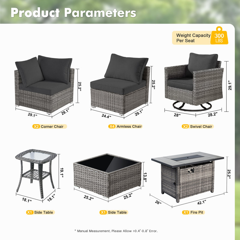 8-Person Outdoor Sectional With Cushions,Swivel Rockers And Fire Pit,All-Weather Wicker Patio Set, Black