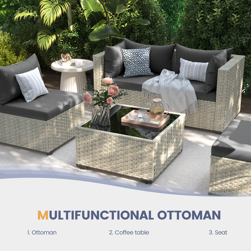 7 Pieces Rattan Patio Conversation Sets With Cushions, Gray