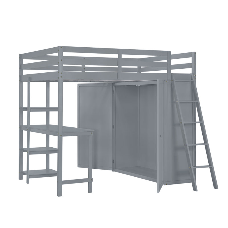 Lit mezzanine avec garde-robe, bureau et tablettes ouvertes
