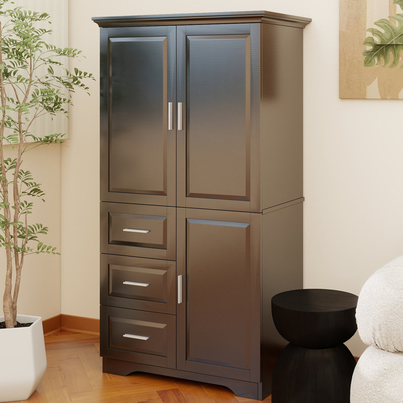 Tall And Wide Storage Cabinet With Doors For Bathroom/Office, Three Drawers, Black, Black