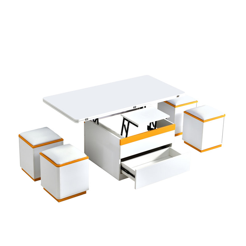 Table basse à plateau relevable avec 4 tabourets de rangement, table basse moderne avec plateau pliable, table basse réglable multifonctionnelle pour le salon