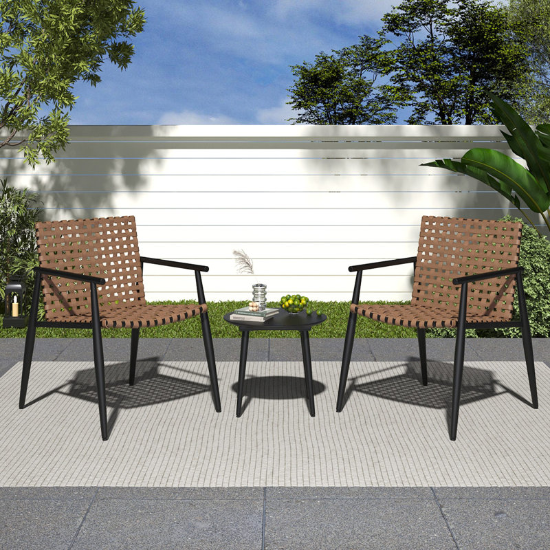 Modern Outdoor Chat Set: 2 PE Rattan Chairs + Black Steel & Tempered Glass Side Table – Durable & Stylish