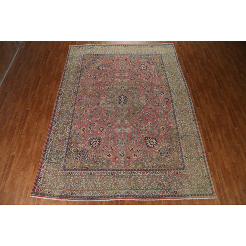 Tapis rose motif floral persan Mashad noué à la main 10 x 13