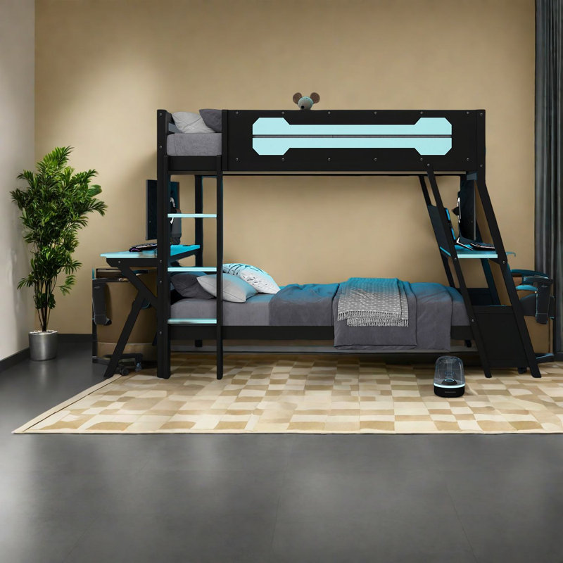 Lits simples superposés multifonctionnels avec structure en bois, espace de jeu moderne, installation à domicile