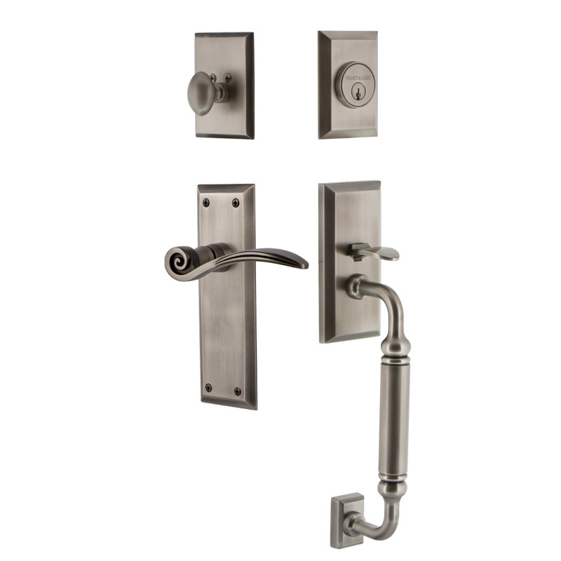 Nostalgic Warehouse New York Plate C Grip Handleset with Single Cylinder Deadbolt and Swan Lever, Right, Antique Pewter
