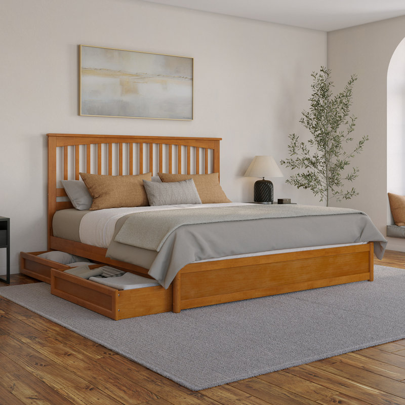 Asparas Solid Wood Storage Platform Bed with Footboard and Under Bed Drawers, King, Light Toffee