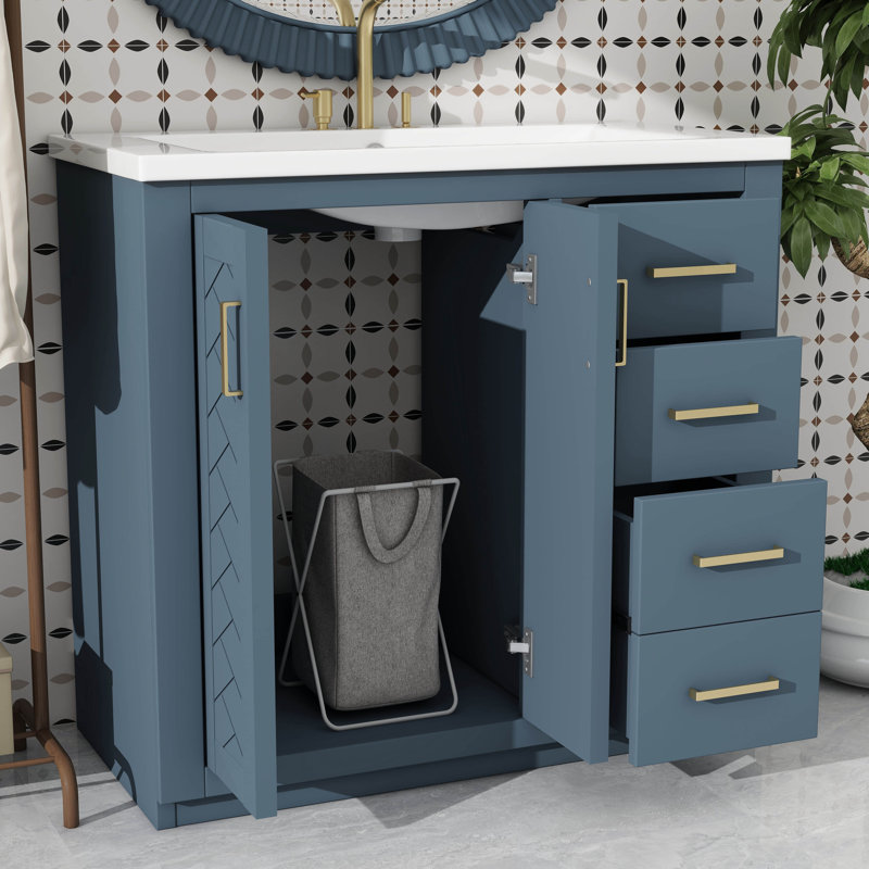 Ensemble de meuble-lavabo 36 po avec lavabo en céramique 36 po, meuble-lavabo autonome avec 3 tiroirs, Doré, Bleu
