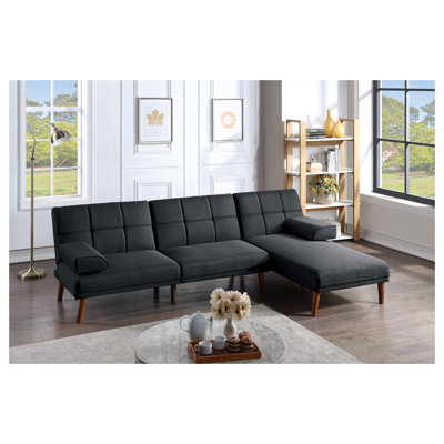 Canapé noir capitonné réglable avec pieds en bois massif, canapé convertible moderne pour le salon