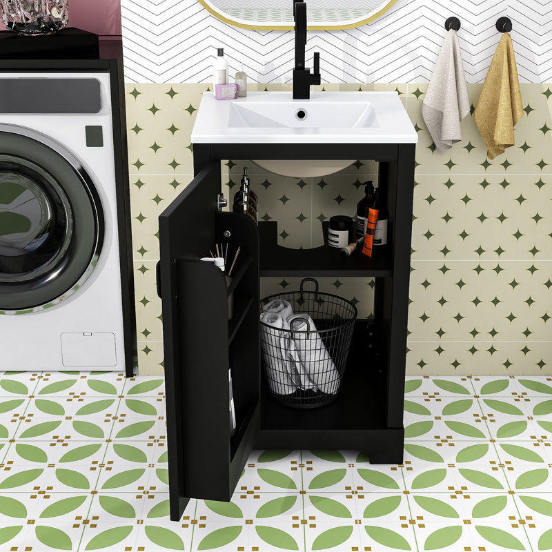 Meuble-lavabo moderne avec lavabo en céramique, tablette réglable et rangement organisé, Noir