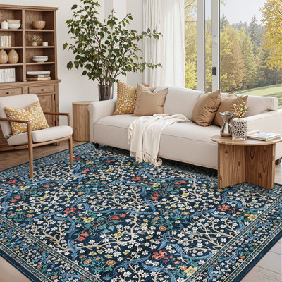 Tapis d'intérieur lavable 274 x 366 cm (9 x 12 pi) à motif floral, en fausse laine à poils courts, résistant aux taches et aux marques, style milieu du siècle, bleu.