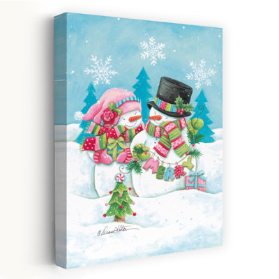 Happy Holidays Snow Couple - Contemporary Snowmen Couple Winter Scene Christmas Hats Art
