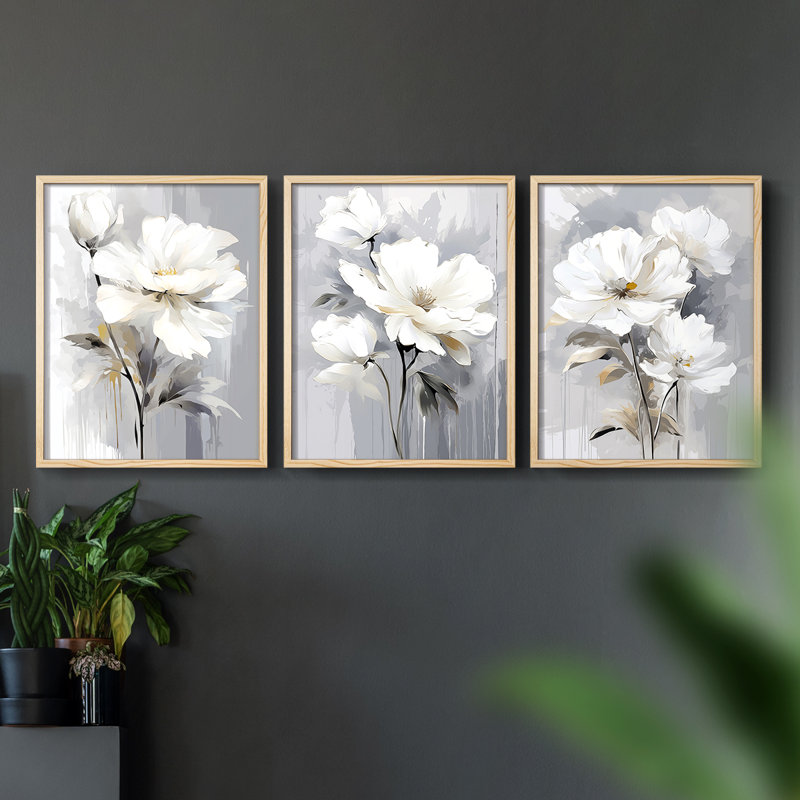 Étude florale série CXLV III -Set de 3 estampes giclées encadrées -Prêt à, H 10 po x l 8 po, Encadré naturel