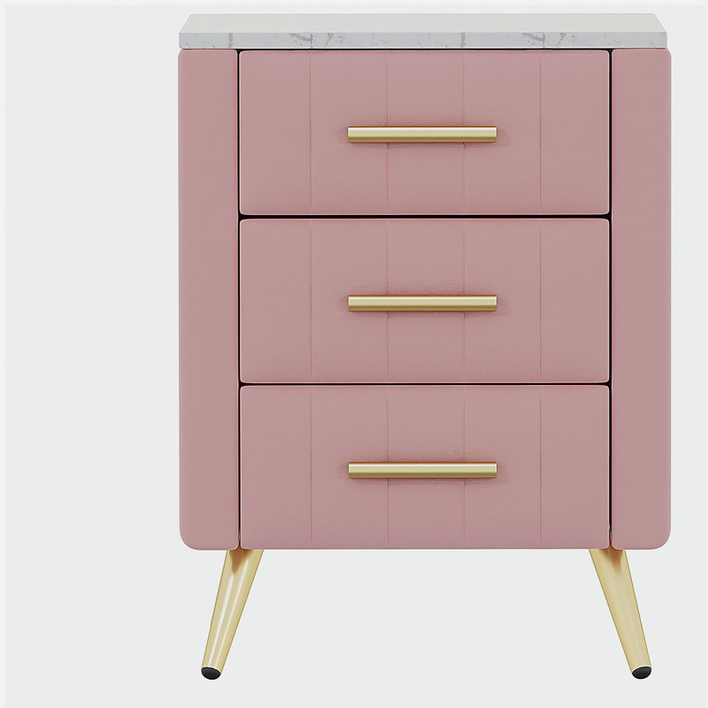 Table de chevet rembourrée en velours avec 3 tiroirs, pieds et poignées en métal, table de chevet à plateau marbré - rose
