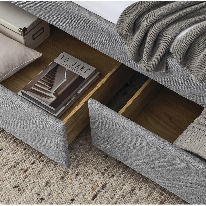 Twin sized upholstered daybed featuring two drawers, adorned with buttons and copper nails on its square arms, Grey
