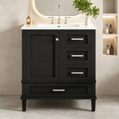 30" Bathroom Vanity Cabinet with Ceramic Sink Top, Soft‑Close Door and 3 Soft‑Closing Divided Drawers, Door‑Mounted Storage Racks