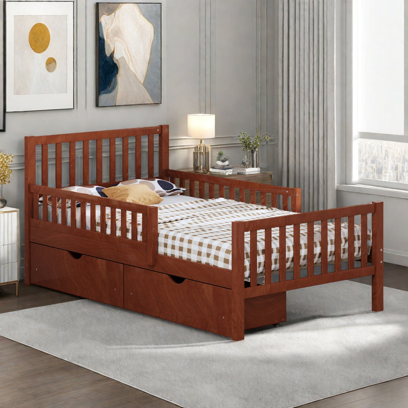 Lit plateforme avec garde-corps et 2 tiroirs de rangement, Noyer, Lit simple