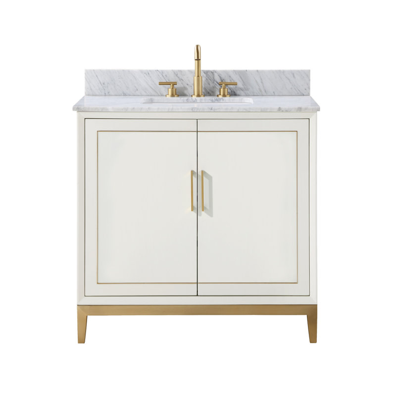 Gracie 36'' Single Bathroom Vanity with Top, Satin White, Carrara Marble, Satin Brass