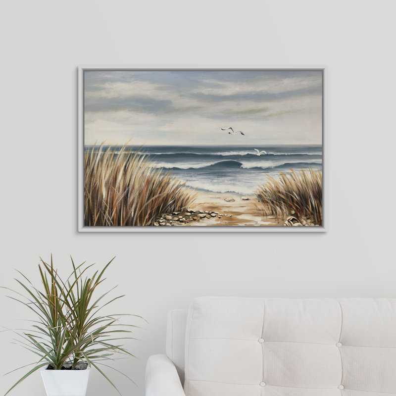 « seascape beach », peinture sur toile, H 21,7 po x l 31,7 po x p 1,75 po, Cadre flottant blanc