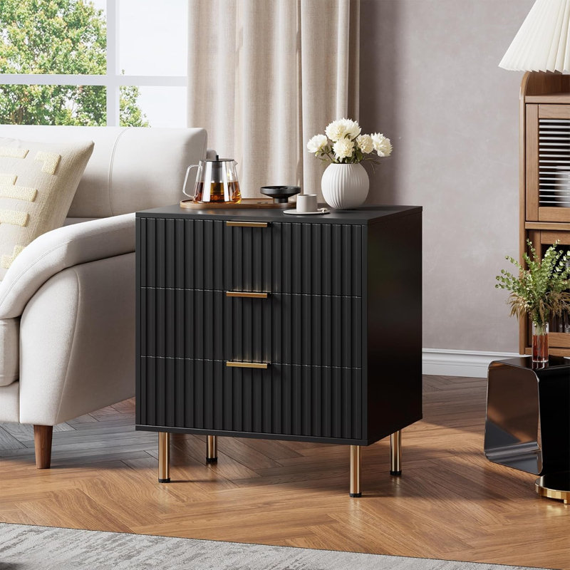 Commode moderne en bois à 3 tiroirs, commode de rangement cannelée avec pieds en métal doré, tiroirs coulissants silencieux avec anti-chute et anti-basculement, armoire pour le salon de la chambre à coucher, couloir pour enfants, noir