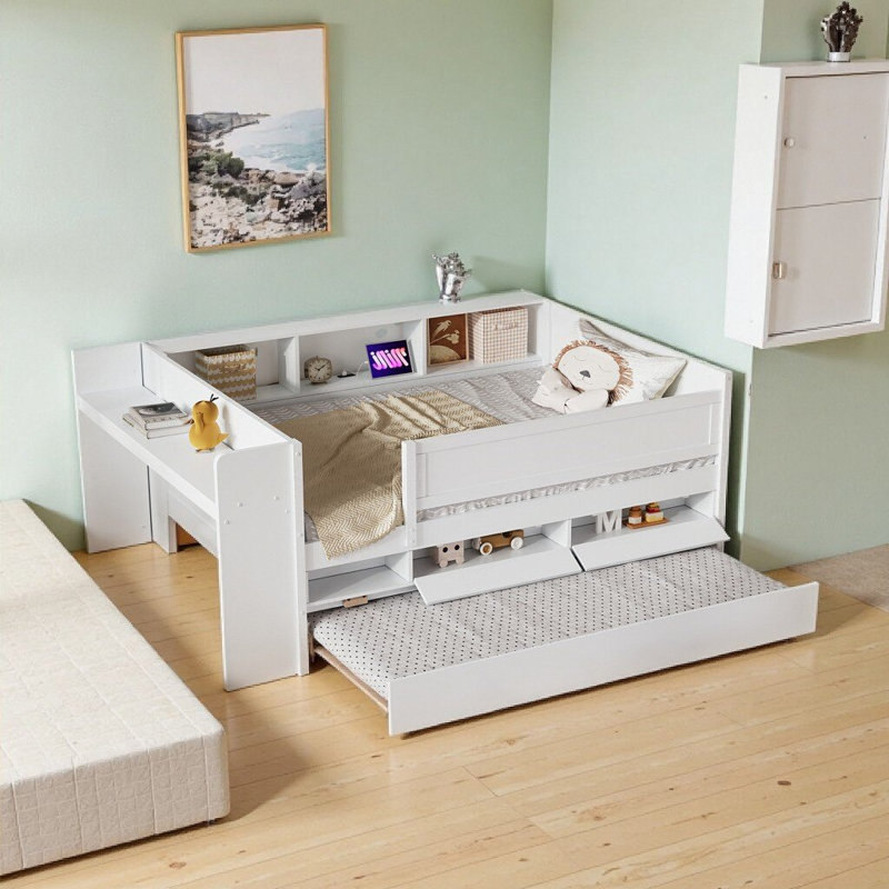Lit de jour multifonctionnel avec lit gigogne, tête de lit, bureau coulissant, chargement USB et tiroirs - blanc