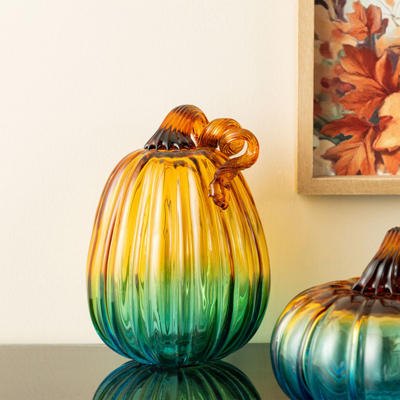 7"H Gradient Turquoise Glass Pumpkin