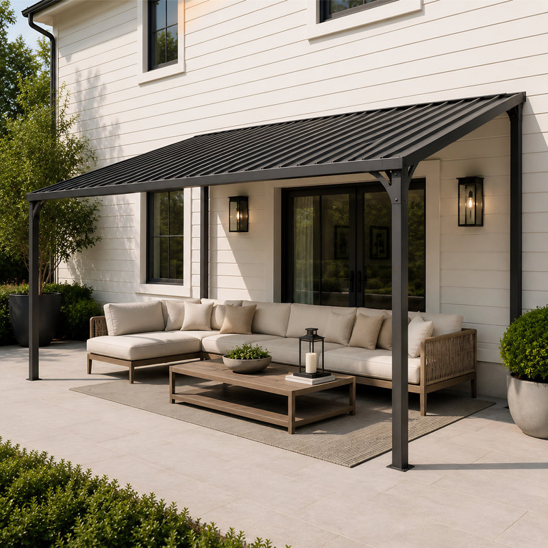 Outdoor Wall-Mounted Metal Pergola With Sloped Waterproof Roof For Patio, Garden, And Backyard