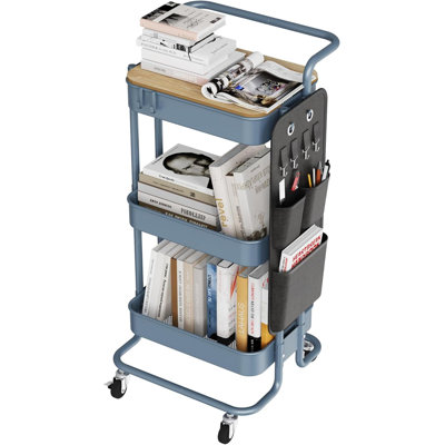 3 Tier Metal Utility Rolling Cart With Table Top And Side Bags, Metal Tray Storage Organizer Cart With Wheels, Art Craft Cart With 4 Hooks For Kitchen Bathroom Office Living Room (Blue)