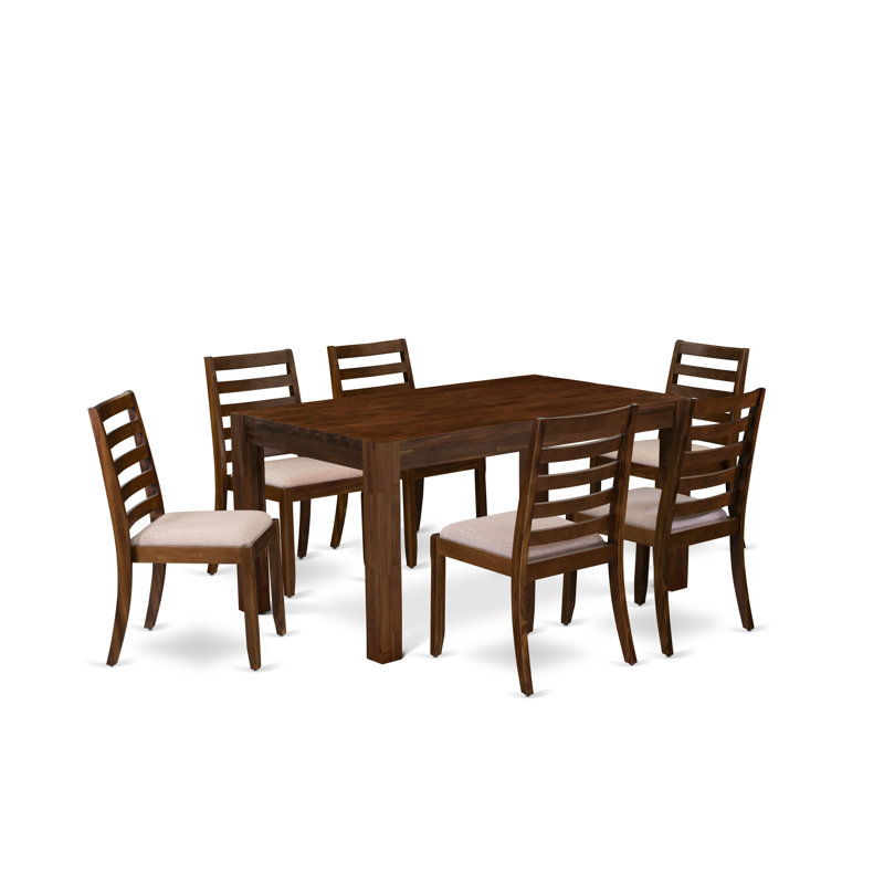 Ensemble de table de salle à manger 7 pièces composé d'une table de cuisine rectangulaire et d'une chaise de salle à manger empilable en tissu de polyester brun clair 6 lumières, finition noyer antique
