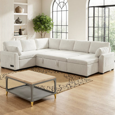 111" U-Shaped Sectional Sofa Convertible Sofa Bed with Reversible Chaise Lounge, Storage Pockets, USB Ports & Electrical Outlets, 5-Seat Couch with Rolled Arms, Multi-Functional
