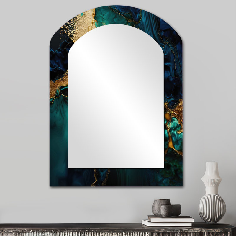 Abstrait géométrique marbre vert et doré - miroir mural arqué en marbre, miroir décoratif asymétrique doré, impression d'art en métal
