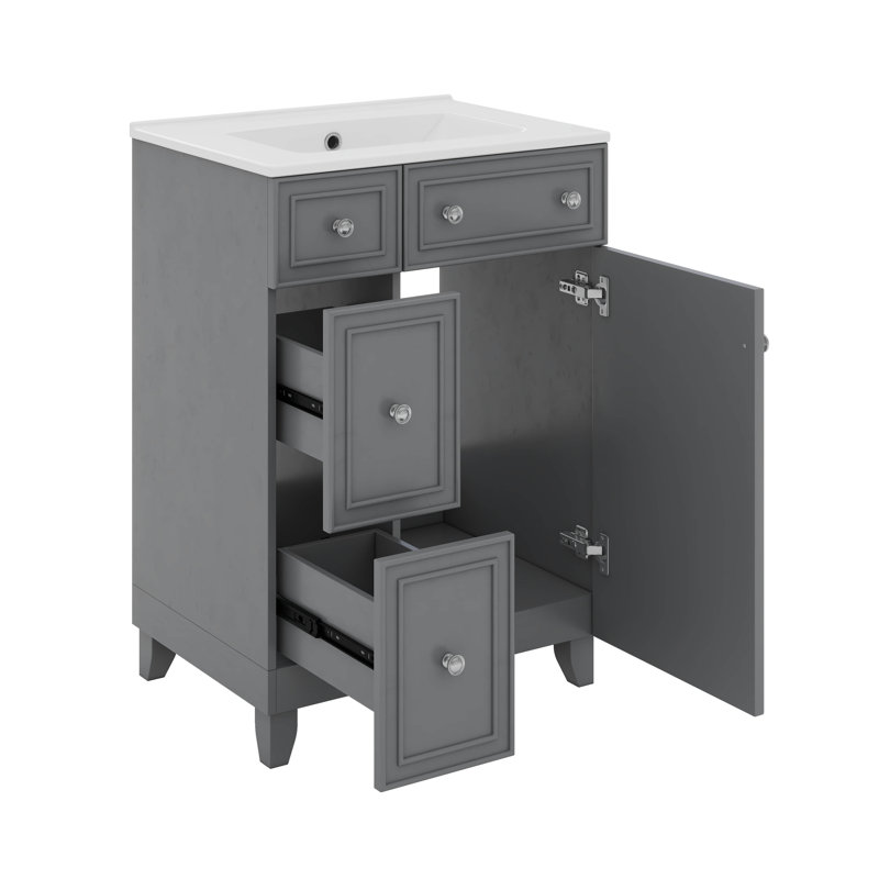 Armoire de meuble-lavabo 24 po avec lavabo en céramique, armoire de rangement avec 2 tiroirs 24 po, Gris