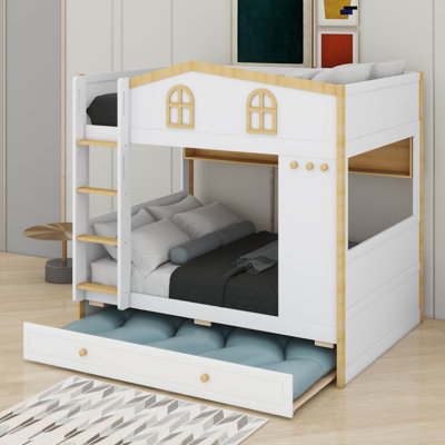 Wooden Bunk Bed With Trundle, House Bunk Bed Frame With Shelves, Window, Guardrails