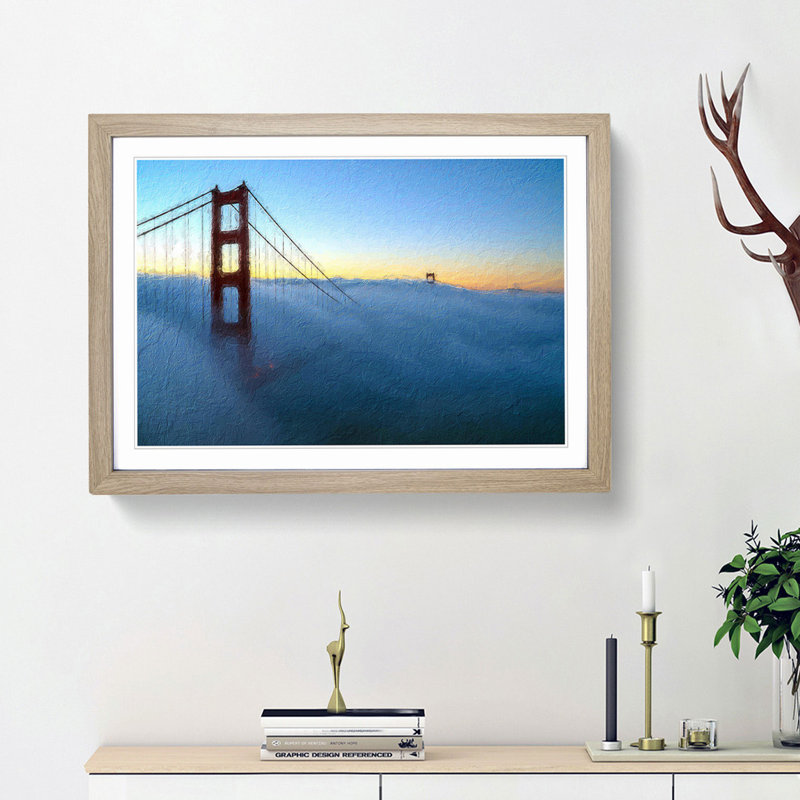 Golden Gate Bridge in the Clouds - Picture Frame Painting Print, Oak Framed, 48cm H x 65cm W x 2cm D
