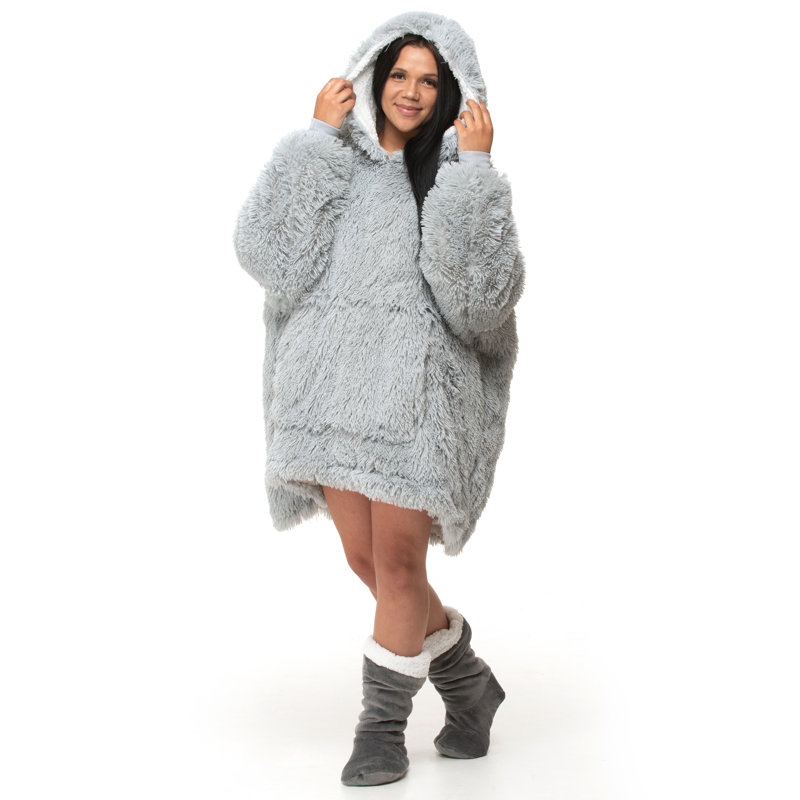 Aatos Velosso Snug Oversize Faux Fur Shaggy Hoodie Blanket Thermal Cosy with Pocket, Grey