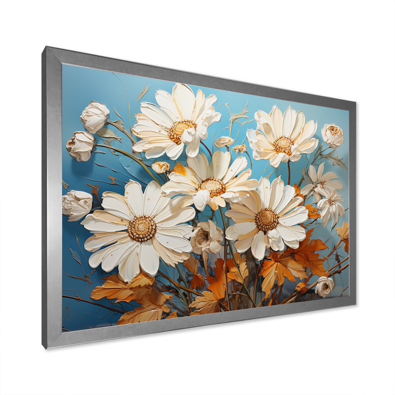 «White Daisy Efflorescence Bouquet Serenity II», reproduction sur toile, H 32 po x l 16 po x P 1 po, Cadre simple argenté