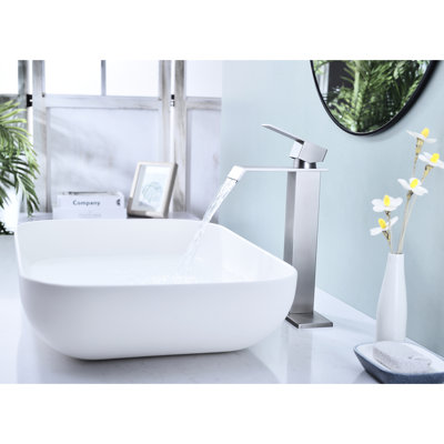 Bathroom Faucet With Waterfall Spout, Brushed Nickel Finish, & , 1.2 Gpm Aerator, Pop Up Drain Assembly, Long-Lasting Ceramic Cartridge,
