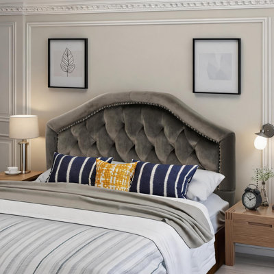 Tête de lit tapissier en velours, composant de lit de chambre à coucher, gris neutre, taille grand à hauteur ajustable avec garniture cloutée