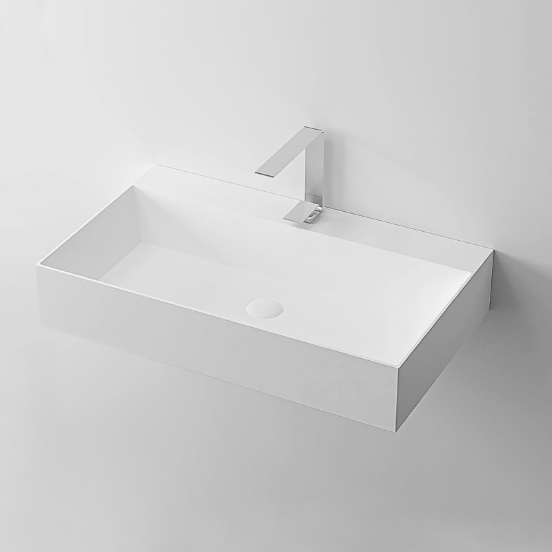 36" X 18" Wall Mounted Solid Surface Rectangle Matte White Vessel Sink With Faucet Hole. Spacious Bathroom For Transitional Bath Decor. Stone Resin Feature. Easy Installation Versatile Bathrooms.