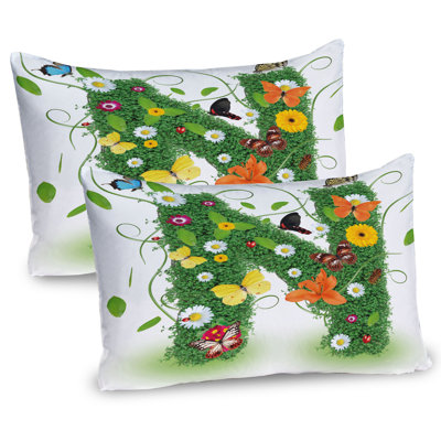 Ambesonne Letter N Pillow Sham 2 Pack Daisy Butterfly Garden Green Multicolor -  pil-2_44848_36x20
