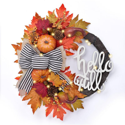 Couronne pliable de citrouille d'automne pour la porte d'entrée avec lumières chaudes, arc décoratif et enseigne saisonnière, couronne d'automne de l'Action de grâce pour cheminée, porche, mur et décoration intérieure