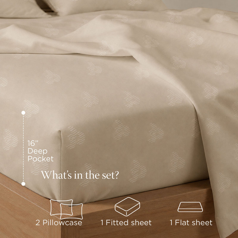 300 Thread Count 100% Cotton Jacquard Sheet Set in Sateen Weave, Beige Patriot, King Sheet Set with 2 Pillowcases