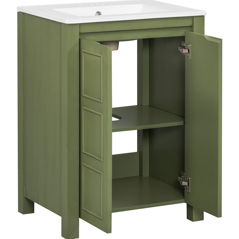 24" Bathroom Vanity With Ceramic Rectangular Sink, Solid Wood Frame, Side Panels, Soft-Close Function Frame And