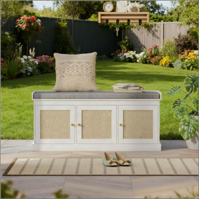 Shoe Storage Bench With Woven Rattan Doors, Shoe Bench With Cushion