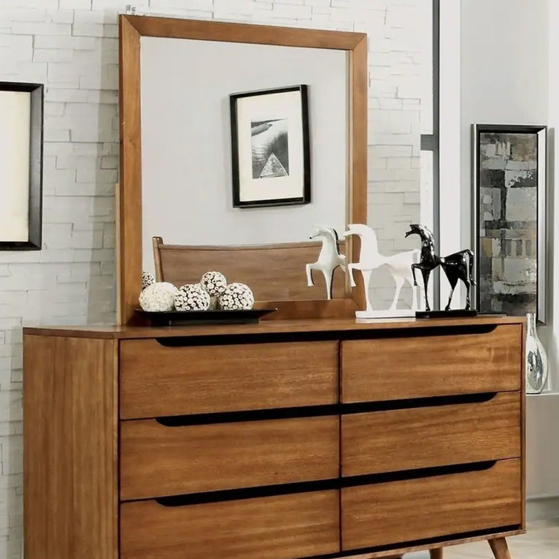 34.4"W Mid-Century Modern Rectangular Mirror, Oak