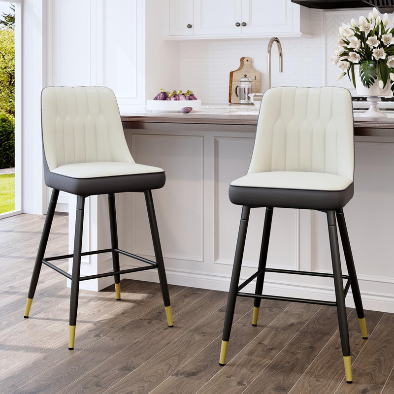 Bar Stools Set of 2,Counter Height Bar Stools with Back,Modern Faux Leather Kitchen Stools, White/Gray/Black, 2