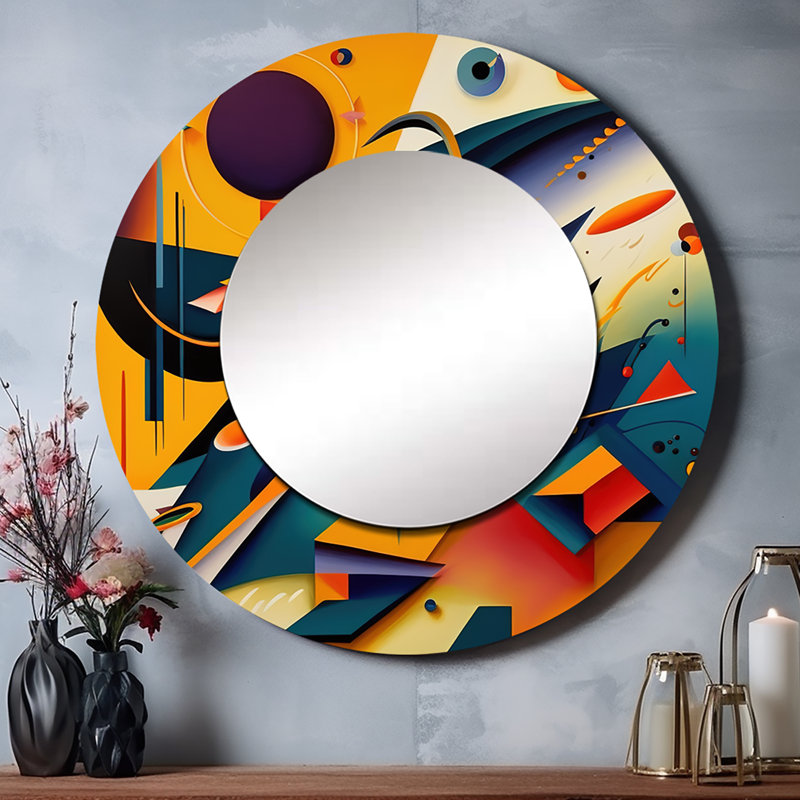 Sophanna multicolore géométrique orange formes II - miroir décoratif géométrique, miroir mural rond moderne, art imprimé en métal