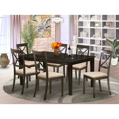 Ensemble de table de salle à manger 7 pièces moderne composé d'une table rectangulaire en bois avec piédestal et de 6 chaises de salle à manger en tissu de lin, 42 x 72 pouces, cappuccino