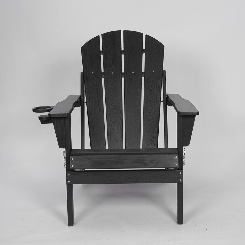 Hdpe Folding Adirondack Chair With Dual Cup Holder - Composite Adirondack Chair With Wood Texture, Black