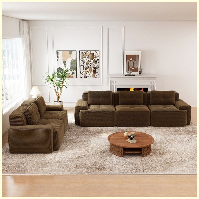Canapé brun en velours côtelé 3 places | Aucun assemblage requis | Conception capitonnée élégante | Conception de fond antidérapante
