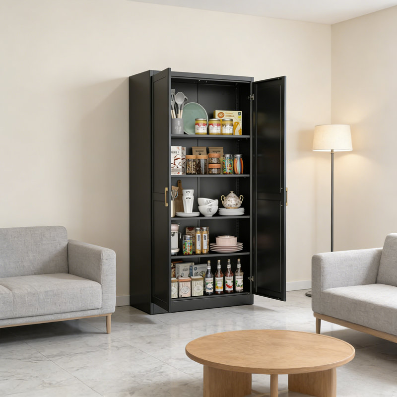 Armoire de rangement en métal noir, 71 pouces de hauteur, quatre tablettes réglables + poignées dorées, armoire haute multifonctionnelle pour le rangement.